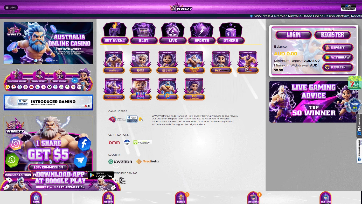 Wwe77 Casino home page on desktop