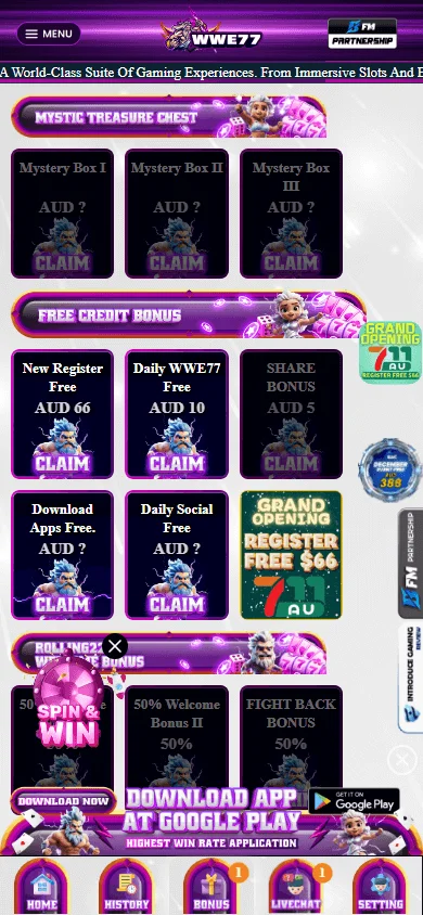 Wwe77 Casino promotions area on a mobile device